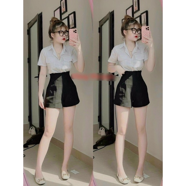Set áo sơ mi trắng túi 2 bên và quần short lưng cao chất tuyết mưa mềm mịn, dày dặn