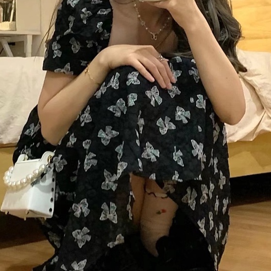 ZHELIHANGFEI Váy hoa nơ ngắn tay eo thon gọn váy dài