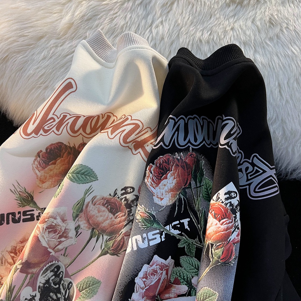 ZHELIHANGFEI Áo Sweater Tay Dài Dáng Rộng In Hình Hoa Hồng Kiểu Retro