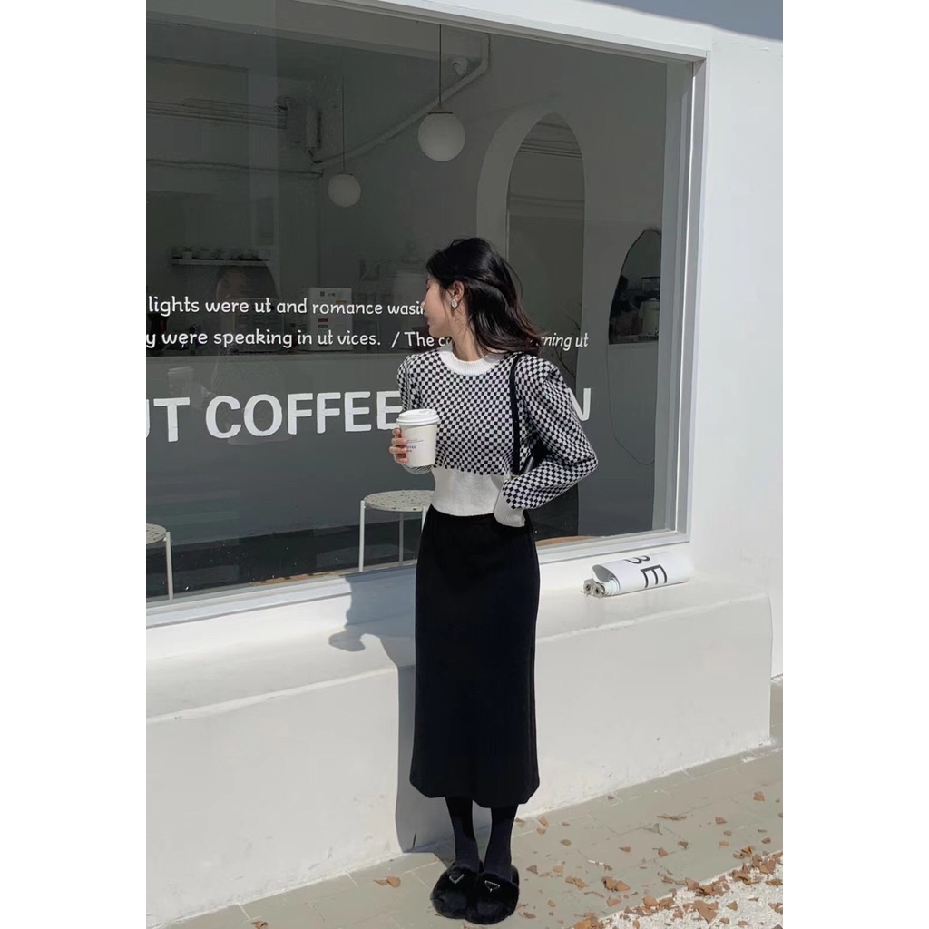 SUXI Áo croptop dệt kim tay dài cổ tròn họa tiết kẻ sọc thời trang Hàn Quốc cho nữ