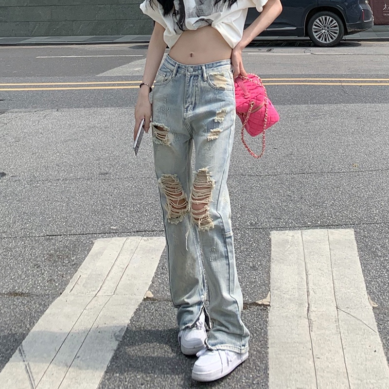 Quần Jean Nữ Lưng Cao Ống Đứng Rách Gối Phong Cách Đường Phố