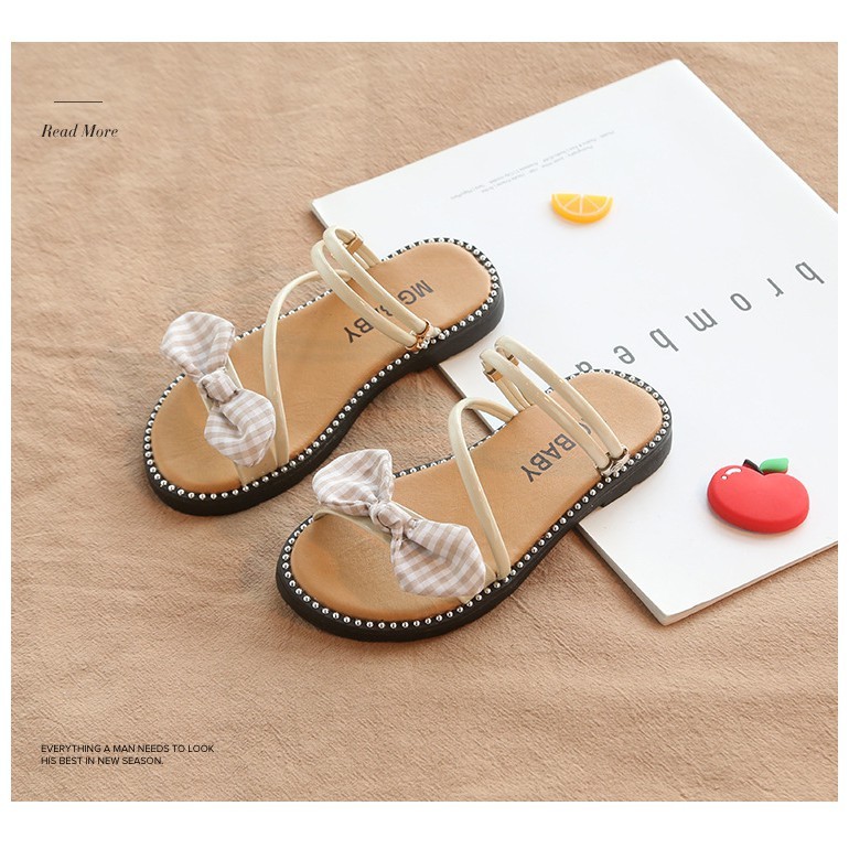 Sandal cho bé - dép đi biển cho bé gái quai da, nơ vải kẻ, đế trống trượt MG Baby mã 825 ( có video&amp;ảnh thật)