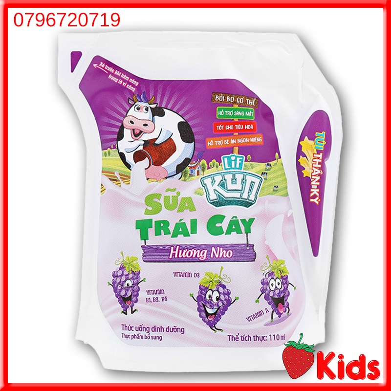 THÙNG SỮA KUN túi 110ml x 24 Gói Hương Nho/Sôcola/Cam/Dâu/ổI/có đường date 2023