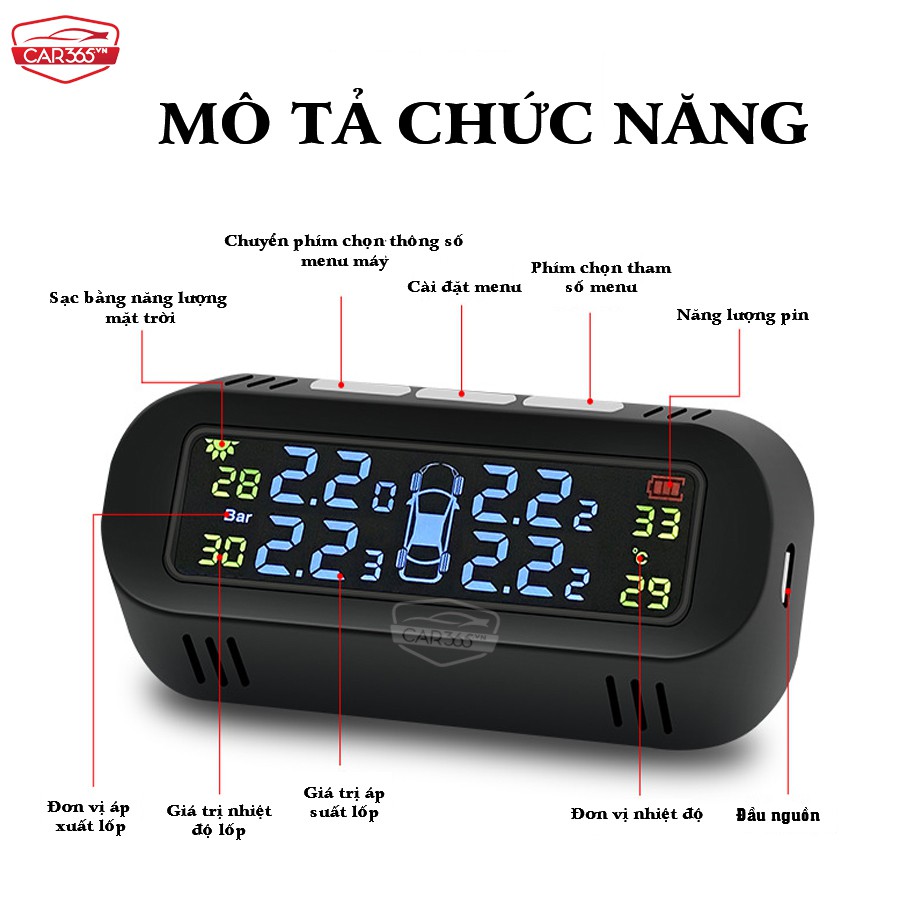 Cảm biến áp suất lốp ô tô xe hơi Car365 CHÍNH HÃNG - Màn hình màu gắn kính lái sạc năng lượng mặt trời - CAR28