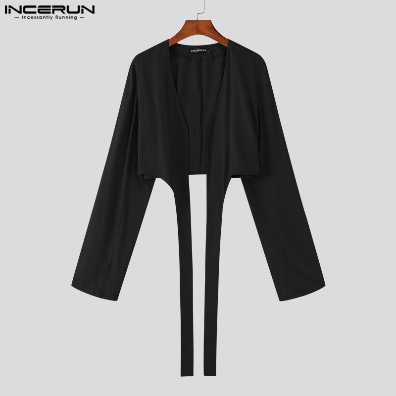 Áo khoác blazer INCERUN tay dài kèm thắt lưng dài thiết kế không đối xứng thời trang tùy chọn màu sắc cho nam