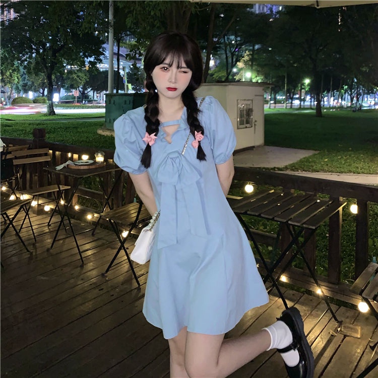 AMOI Đầm Tay Phồng Cổ Chữ V Màu Trơn Dễ Thương Dành Cho Nữ 2022