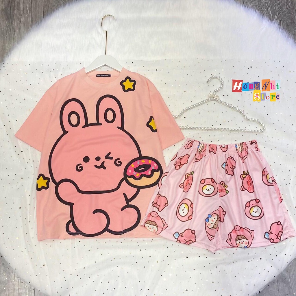 Set Bộ Thun Mặc Nhà Ngủ Tay Lỡ Phối Quần Short Hoạt Hình Oversize Ulzzang Dáng Rộng D2 - MM