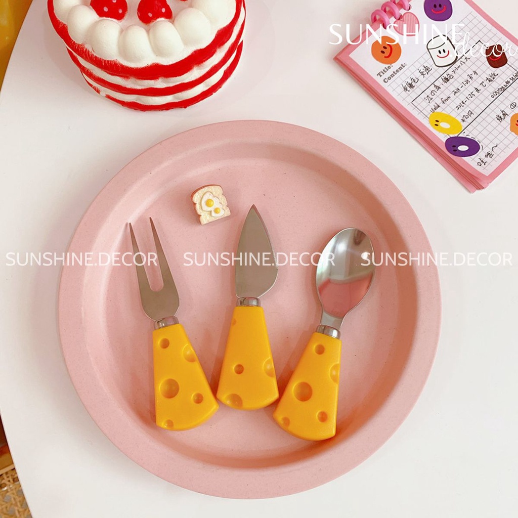 Set thìa, dao, dĩa hình phô mai và tay cầm gỗ siêu dễ thương ăn hoa quả, decor chụp ảnh