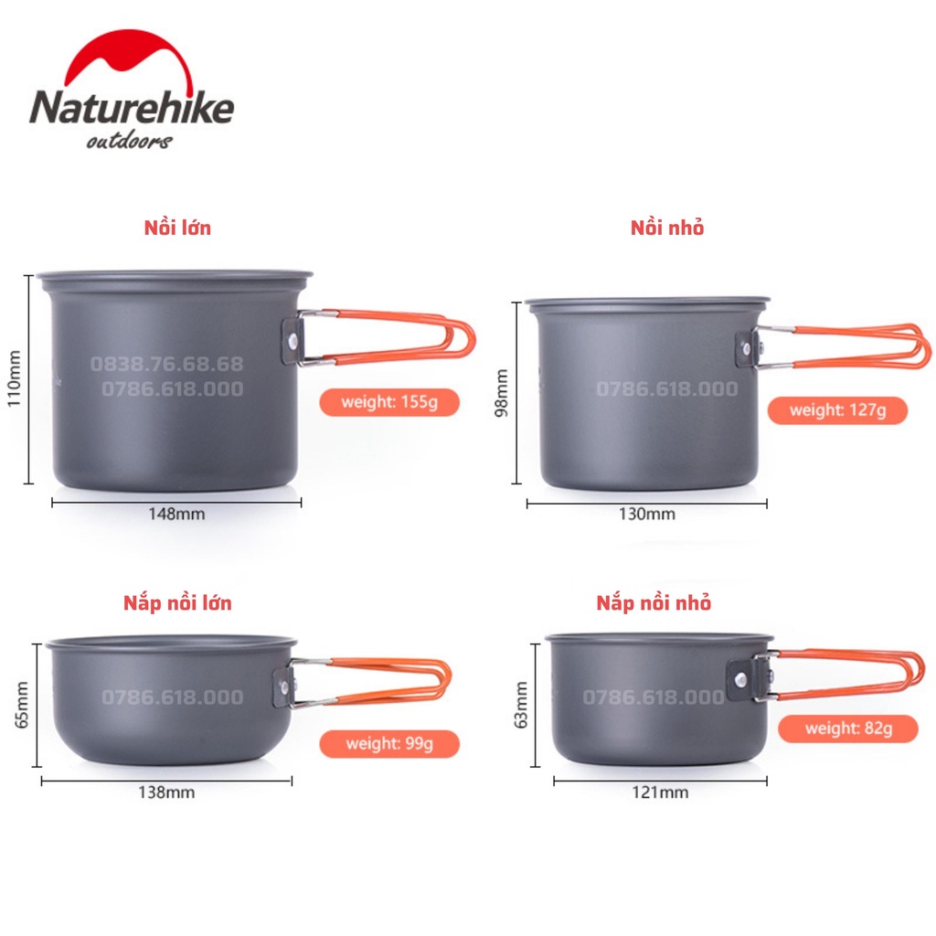 Bộ nồi dã ngoại cắm trại Naturehike mini 4 món hợp kim nhôm A431
