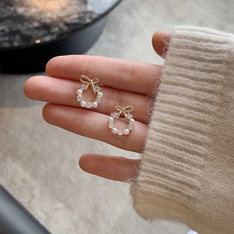 Bông tai nữ bạc 925 hình tròn đính đá mix nơ nhỏ xinh dễ thương thời trang Hàn Quốc Lemi accessories