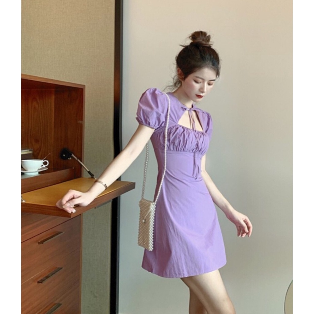 Váy Nữ Thun Tay Phồng Bó Ngực , Cột Dây Nơ Cổ Màu Sắc Sang Chảnh , Fom Dáng Siêu Xinh