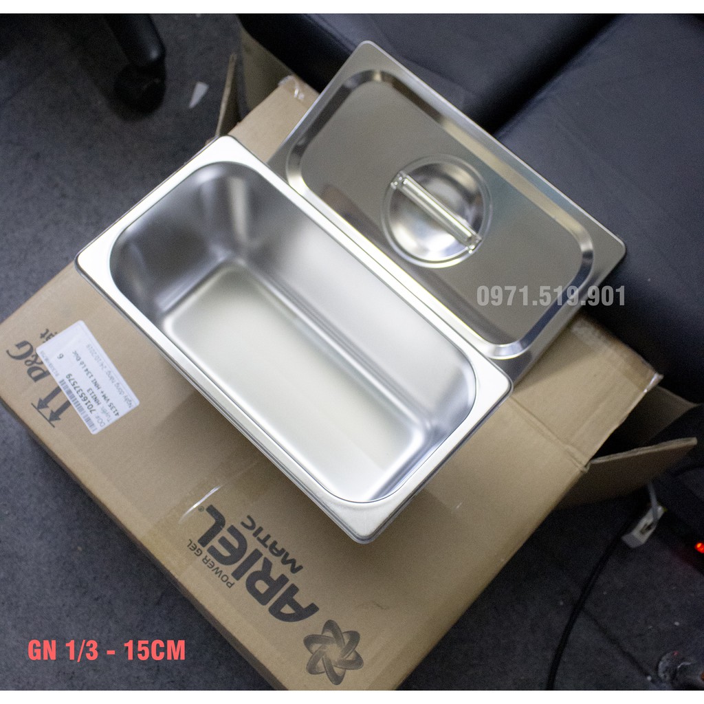 Khay đựng thạch trà sữa inox 304 GN 1/3 sâu 15cm có nắp