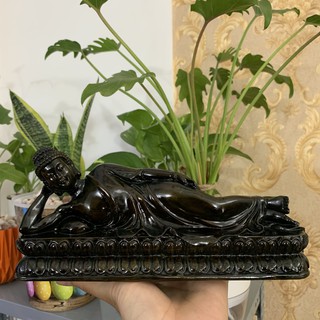 [Thích ca nhập niết bàn] Tượng đá đức phật thích ca niết bàn trên tòa sen - Dài 23cm - Màu Nâu Đen