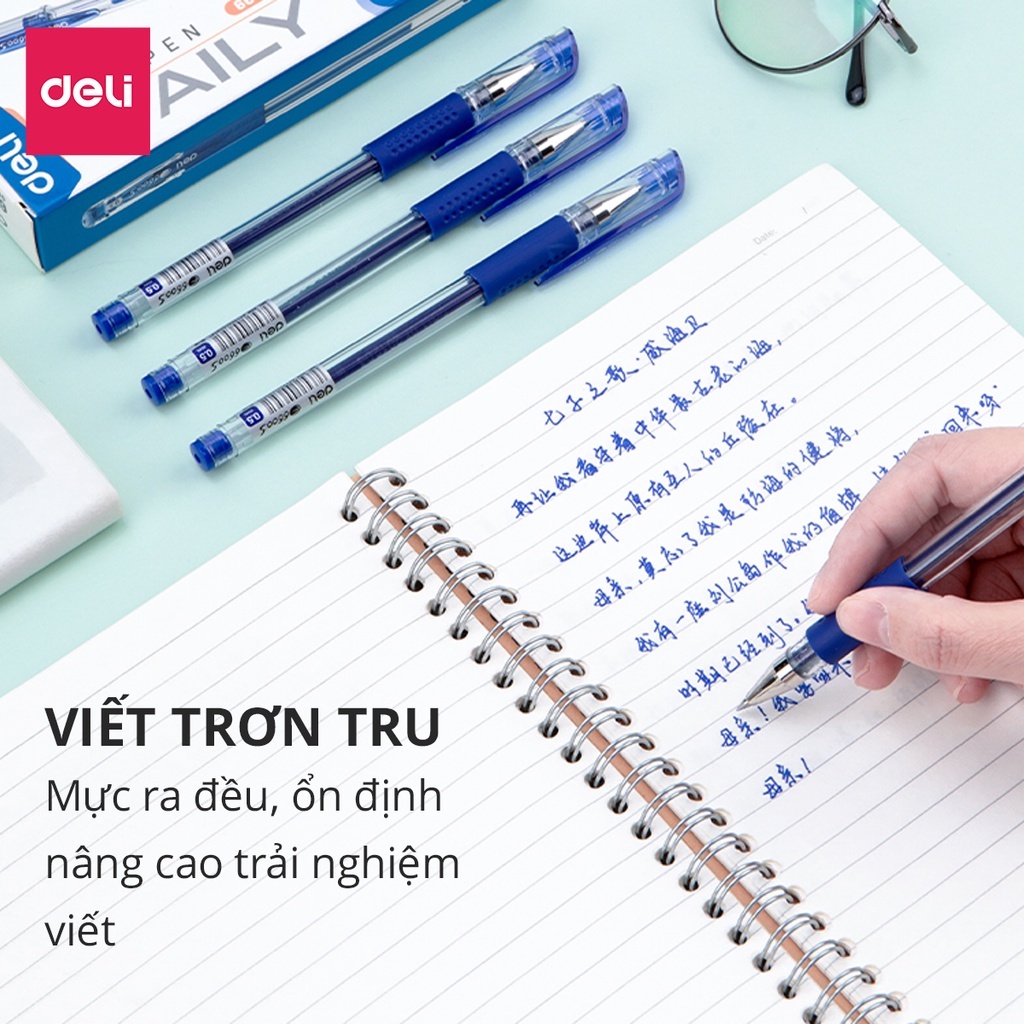 Bút bi nước mực gel nắp đậy 0.5mm Deli màu xanh/đen nhanh khô lâu hết mực nét viết trơn tru đều đẹp