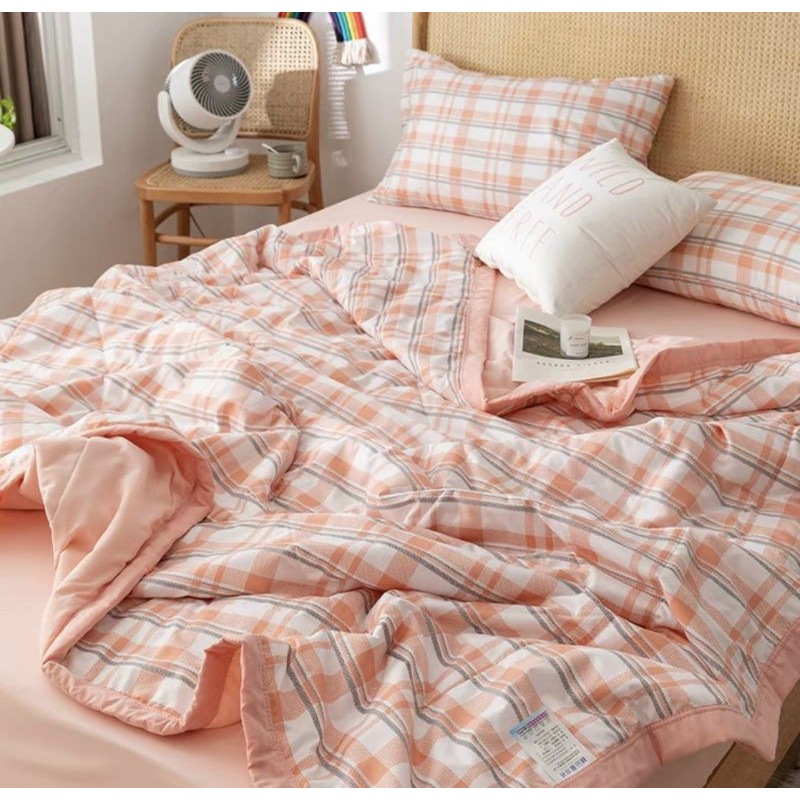 set chăn đũi kẻ đẹp 4 món mềm mịn, mát, thấm hút mồ hôi tốt