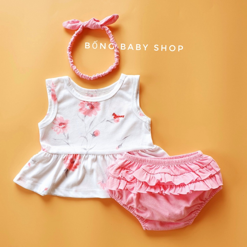 Set Babydoll sơ sinh sát nách tặng kèm nơ xinh thương hiệu Bunny cho bé 4-10kg