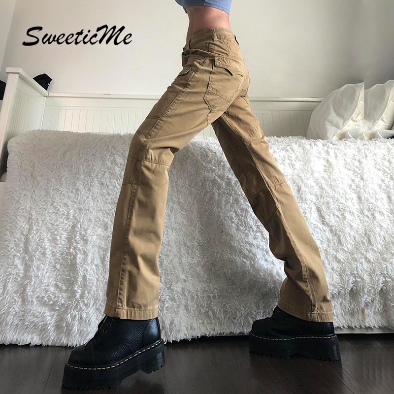 Quần Jean Lưng Thấp Ống Suông Xẻ Tà Màu Trơn Phong Cách Ngọt Ngào Thời Trang Cho Nữ