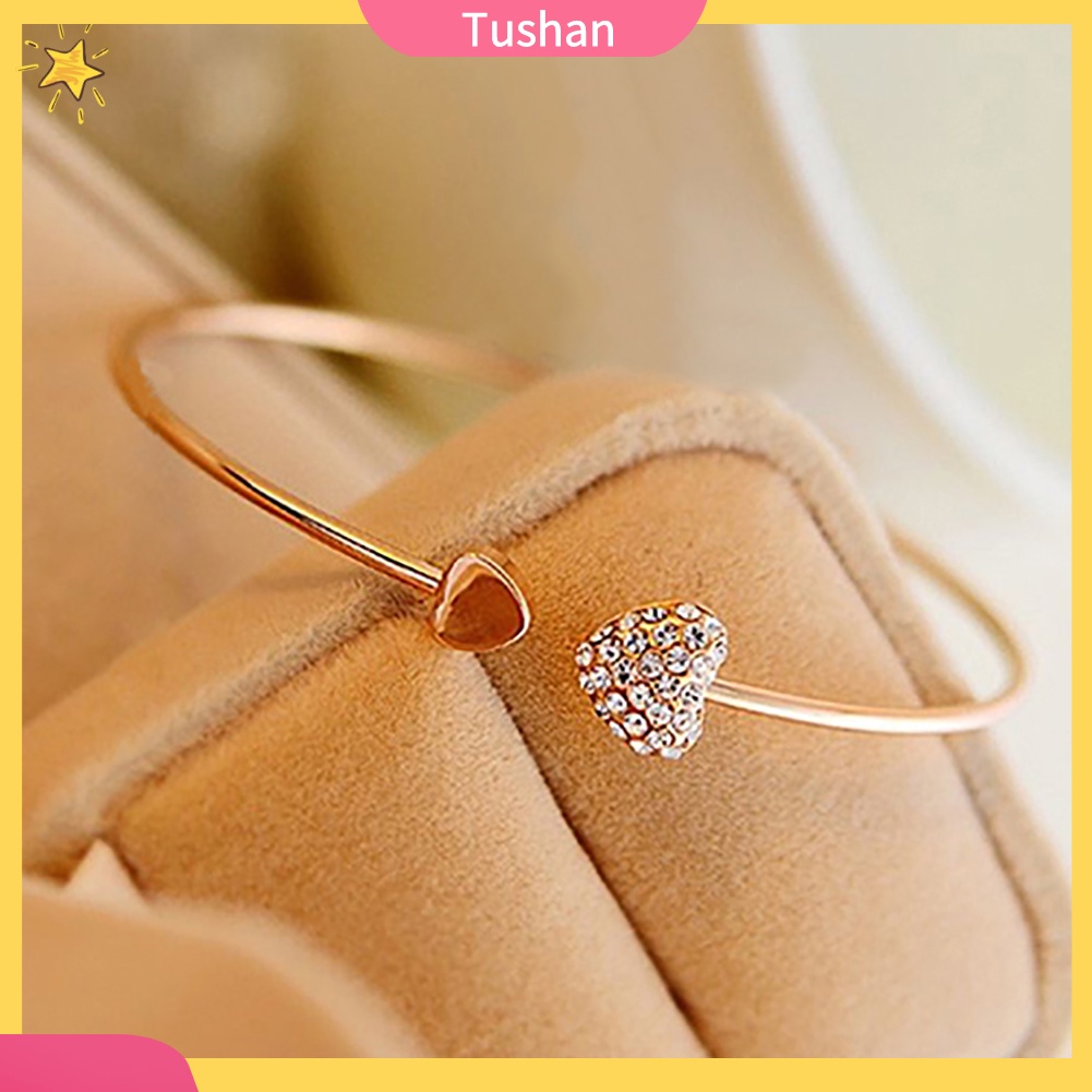 TUSH_Women Fashion Golden Tone Rhinestone Love Heart Bangle Cuff Bracelet Gift