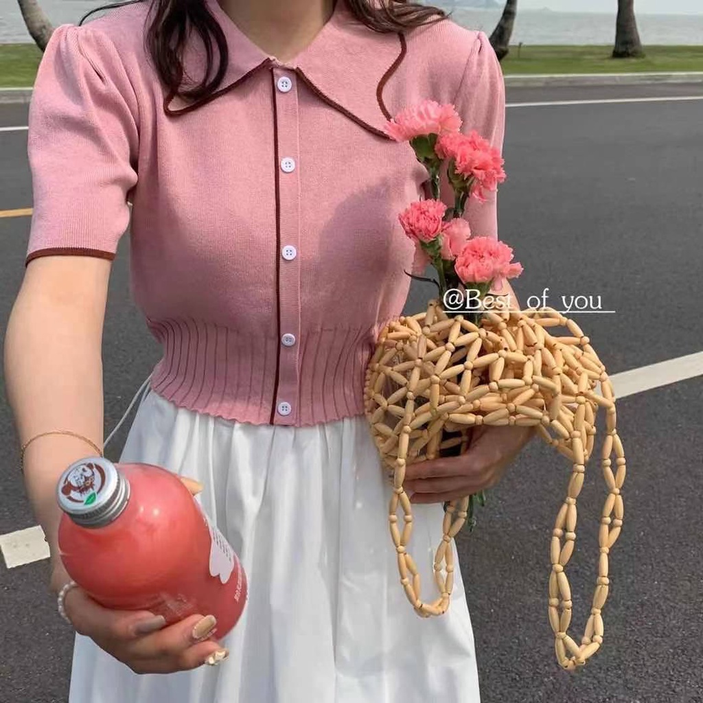 SUXI Áo Dệt Kim Tay Ngắn Phồng Cổ Polo Hàng Nút Đơn Phong Cách Hàn Quốc Hàng Mới