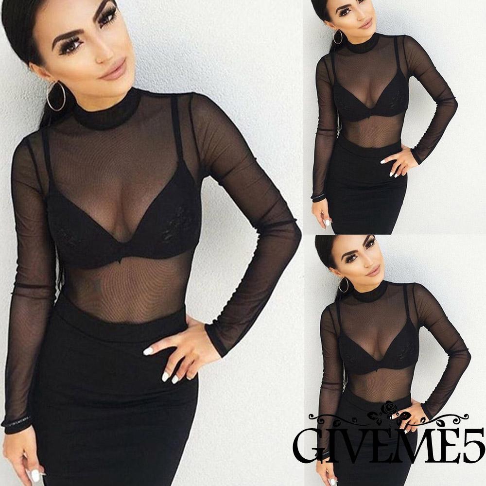 Fashion Women Sheer Mesh Fish Net T-Shirts Casual Long Sleeve See-through Tops