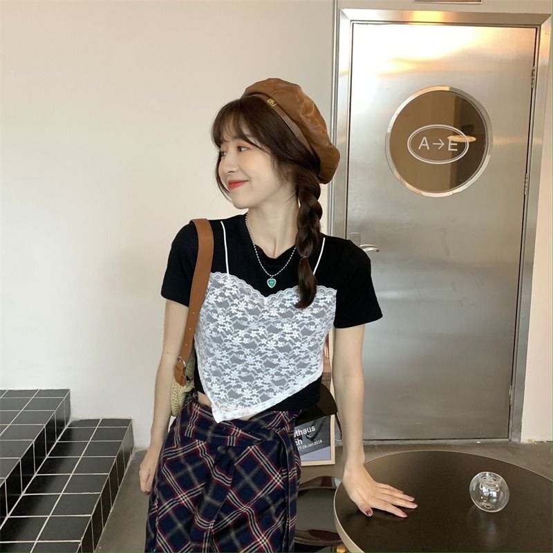 Áo thun IELGY tay ngắn cổ tròn phối lớp ngoài phong cách độc đáo dành cho nữ