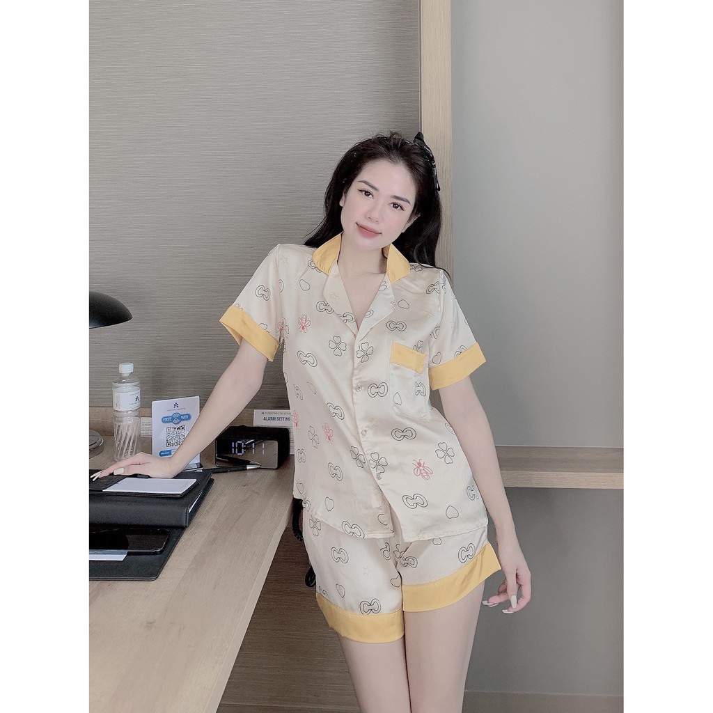 Bộ Ngủ Pijama Lụa 🔥FREESHIP🔥 Đồ Bộ Mặc Ở Nhà Quần Đùi - Áo Cộc Màu Hồng Nhạt - Đỏ - Vàng BN14.1