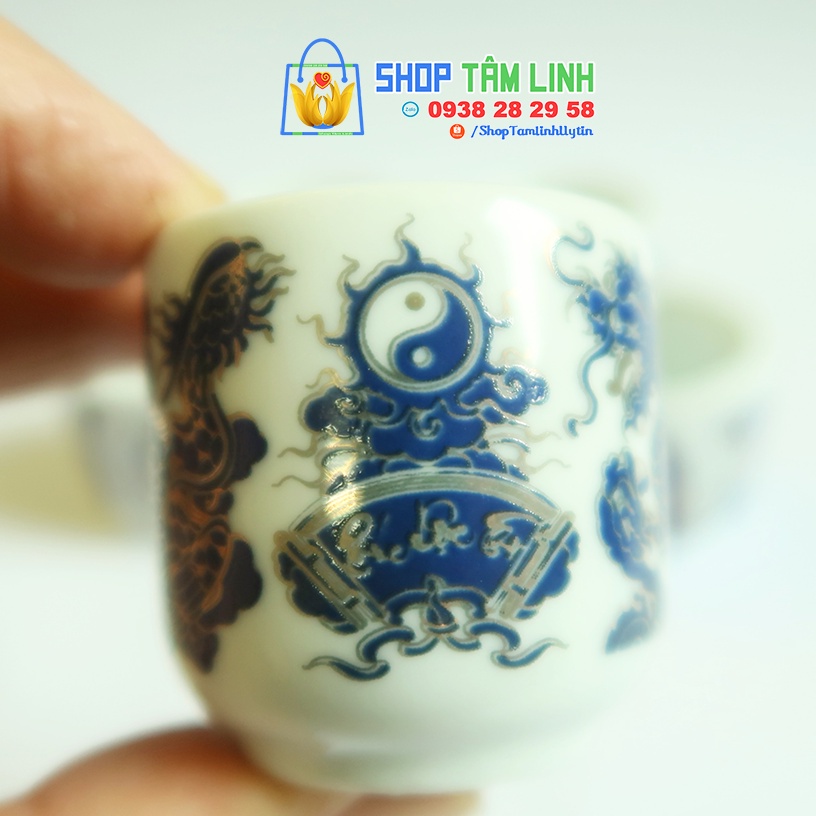 Chén thờ gốm sứ Bát Tràng màu xanh kim vẽ rồng chầu Phúc Lộc Thọ  shoptamlinh