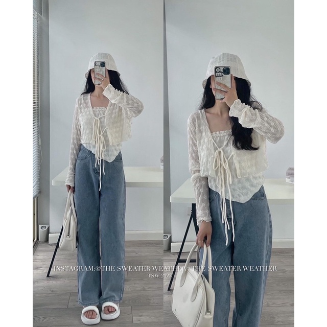 Set áo ren nổi thắt nơ kèm áo hai dây yếm