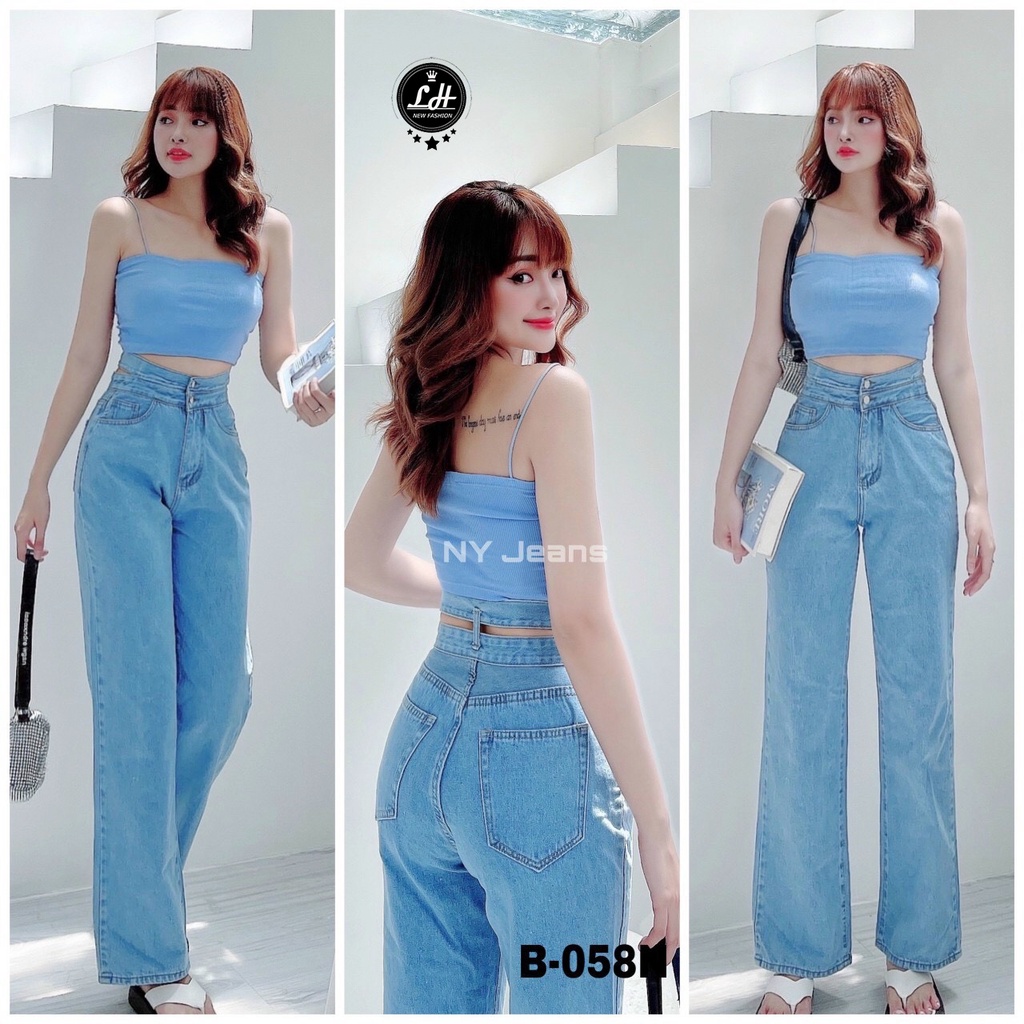 Quần jean ống rộng cạp cao ulzzang Lê Huy Fashion 2 nút kiểu xẻ lưng thời trang 2021 MS 058