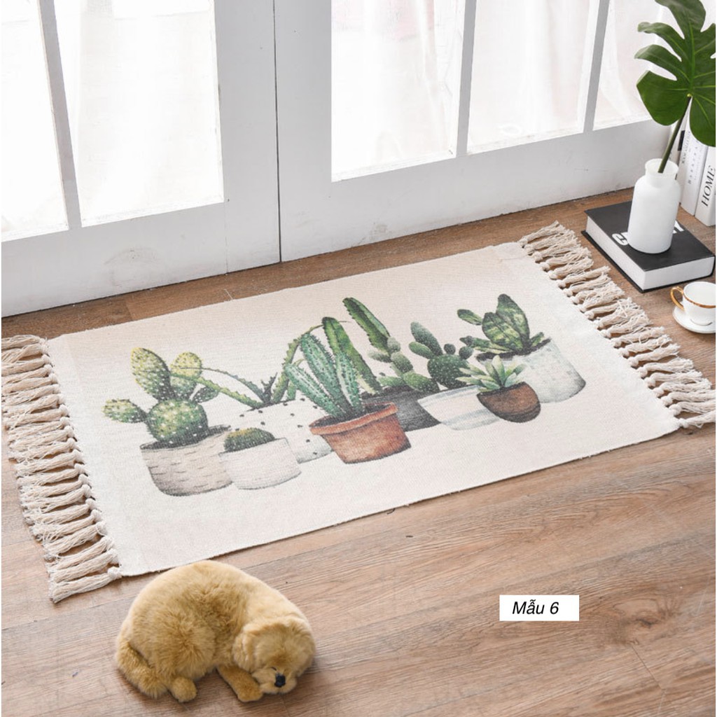 Thảm cotton tua rua in hình xương rồng xinh xắn 60x90cm