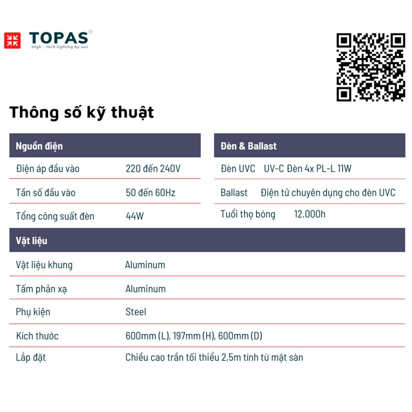 Đèn khử khuẩn không khí - Treo trần - Điều khiển từ xa - TOPAS TP600/600 - upper air/uv - Hàng chính hãng