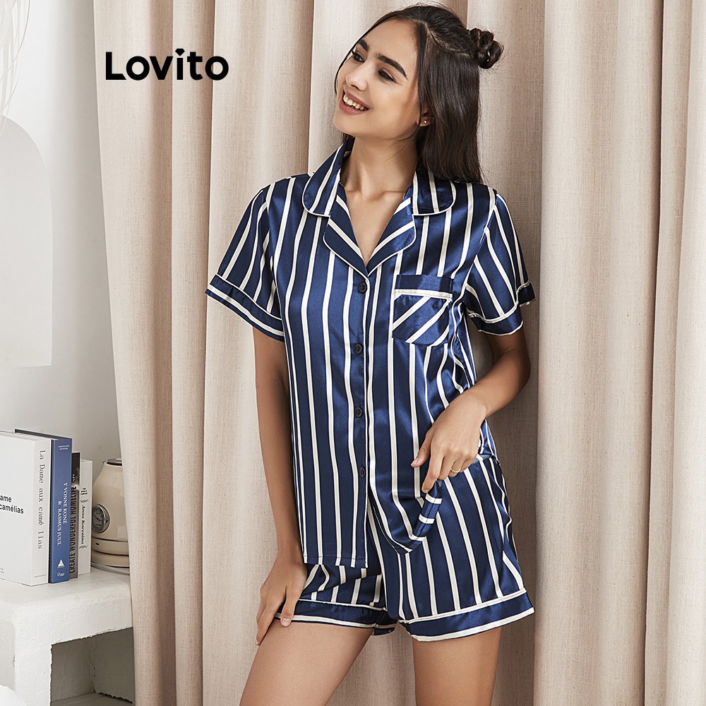 Set đồ ngủ Lovito ngắn tay kẻ sọc L02024 (màu xanh dương) | BigBuy360 - bigbuy360.vn
