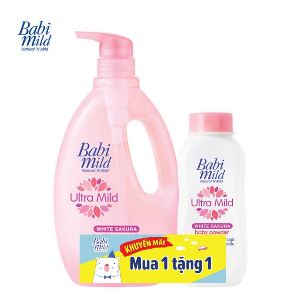 Sữa tắm trẻ em Babi Mild - White Sakura chai 850ml + Tặng Phấn Thơm Trẻ Em White Sakura 180g