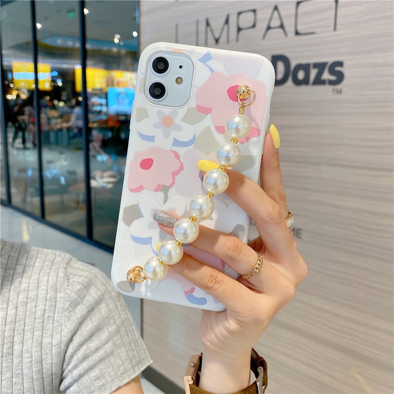 Samsung Galaxy A51 A71 A20 A30 S A50 S A31 A12 Note 10 S10 Plus S21 Ultra A52 Case Soft Pretty Flowers with Pearls Chain