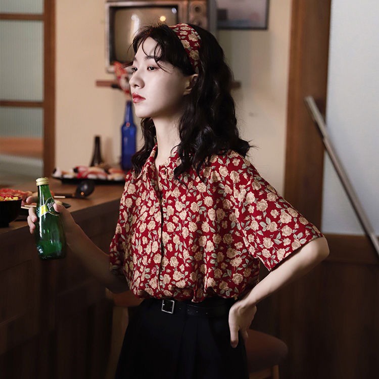 Áo Sơ Mi Tay Ngắn Dáng Rộng In Hoa Kiểu Vintage Hàn Quốc Dễ Thương Cho Nữ