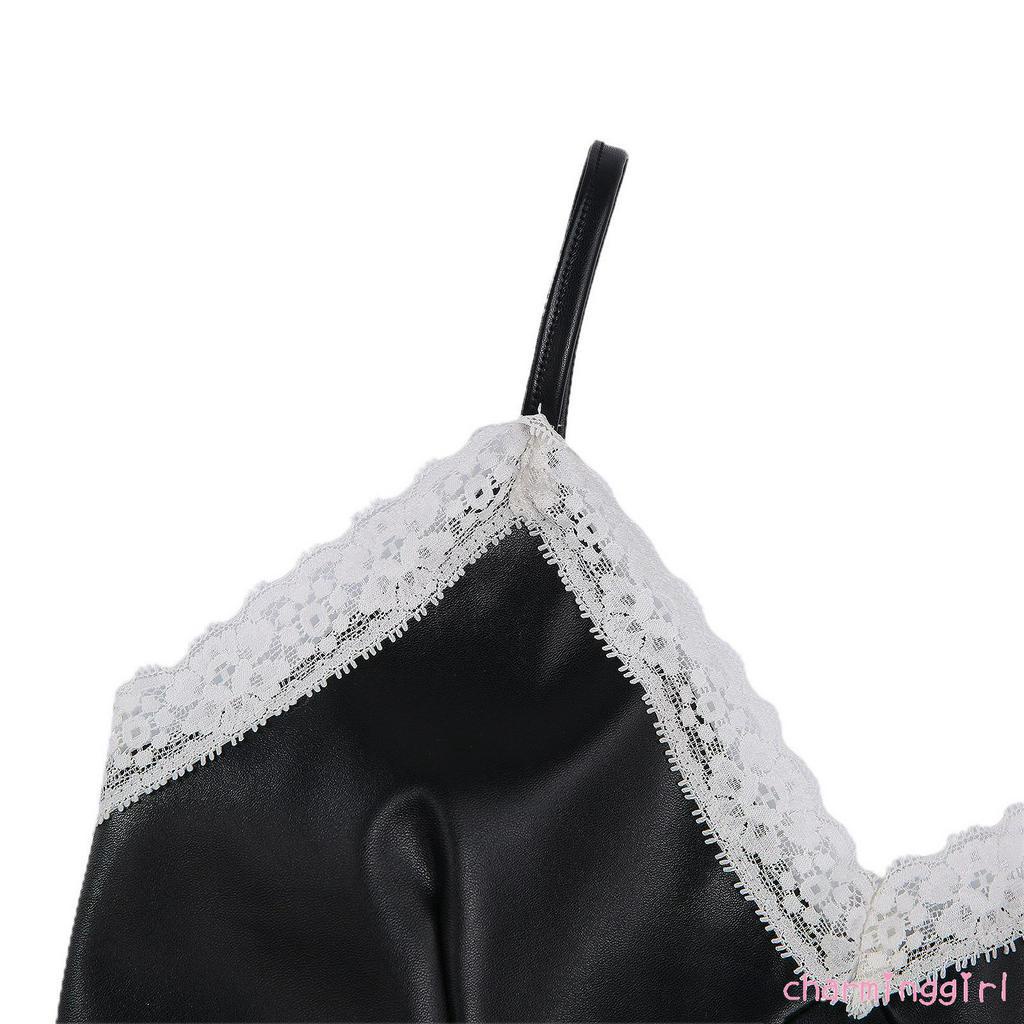 Áo Hai Dây Cổ Chữ V Màu Trơn Phối Ren Quyến Rũ Cho Nữ