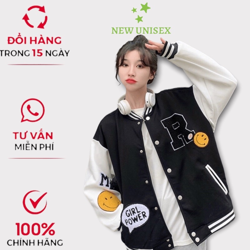 Áo Khoác Nỉ Nữ Form Rộng Chữ R, 2 Màu Trắng Đen Phối Mặt Cười Kiểu Dáng Bomber Phong Cách Trẻ Trung New [NEW UNISEX]
