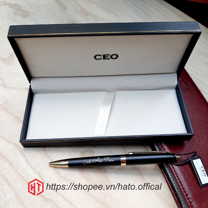 Bút ký cao cấp, khắc tên, thông điệp theo yêu cầu, Full hộp, Chất liệu bút hợp kim vỏ nhám gài vàng nổi bật.