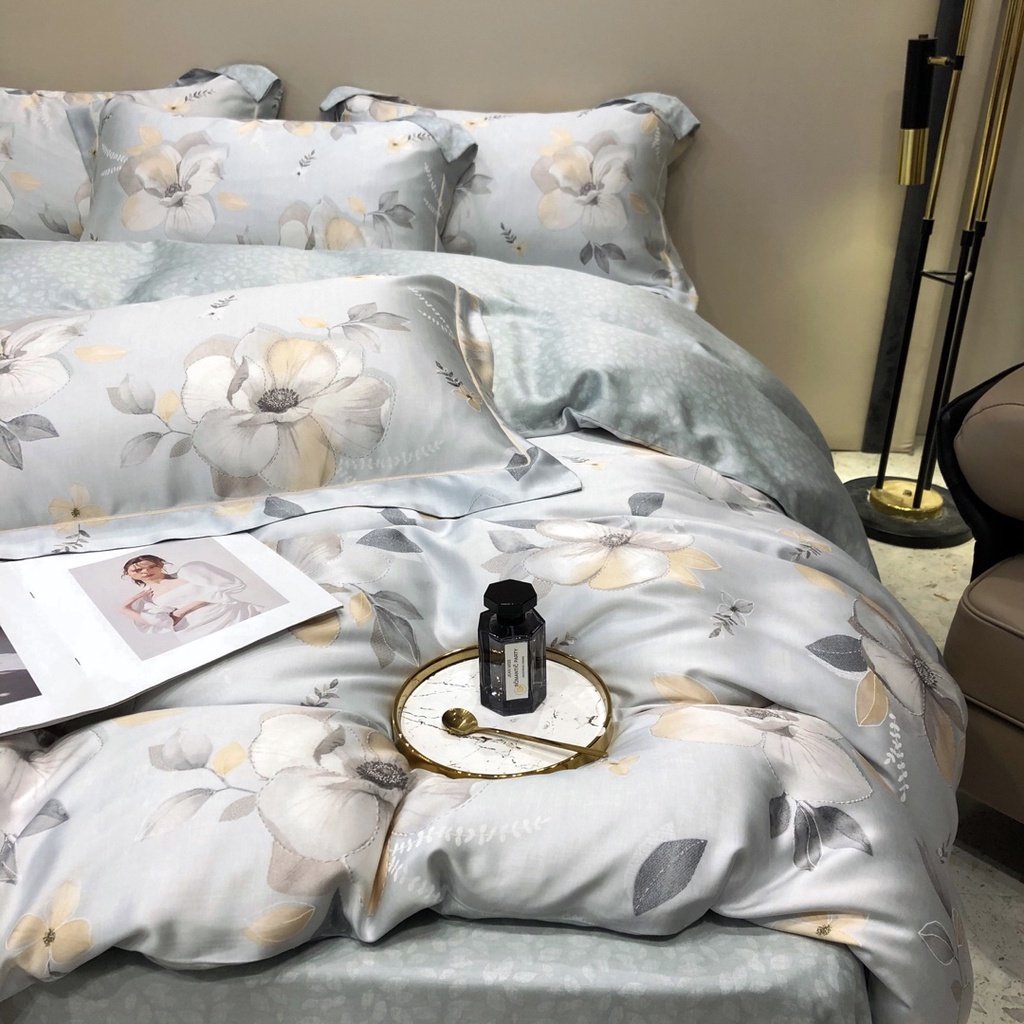 Bộ chăn ga gối 100%Tencel 60s, Set 5 món họa tiết hoa nhài in kỹ thuật số sang trọng, chất liệu siêu mềm mát mịn