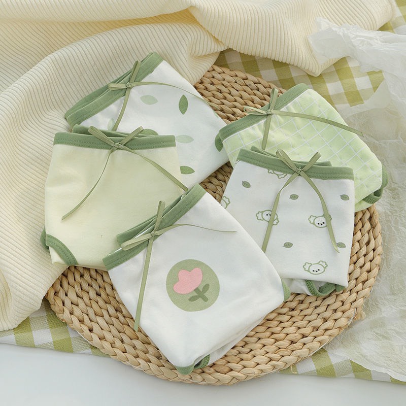 Quần Lót Nữ Cotton Họa Tiết Hoa Xanh Co Dãn Cạp Đính Nơ Siêu Yêu MS.014