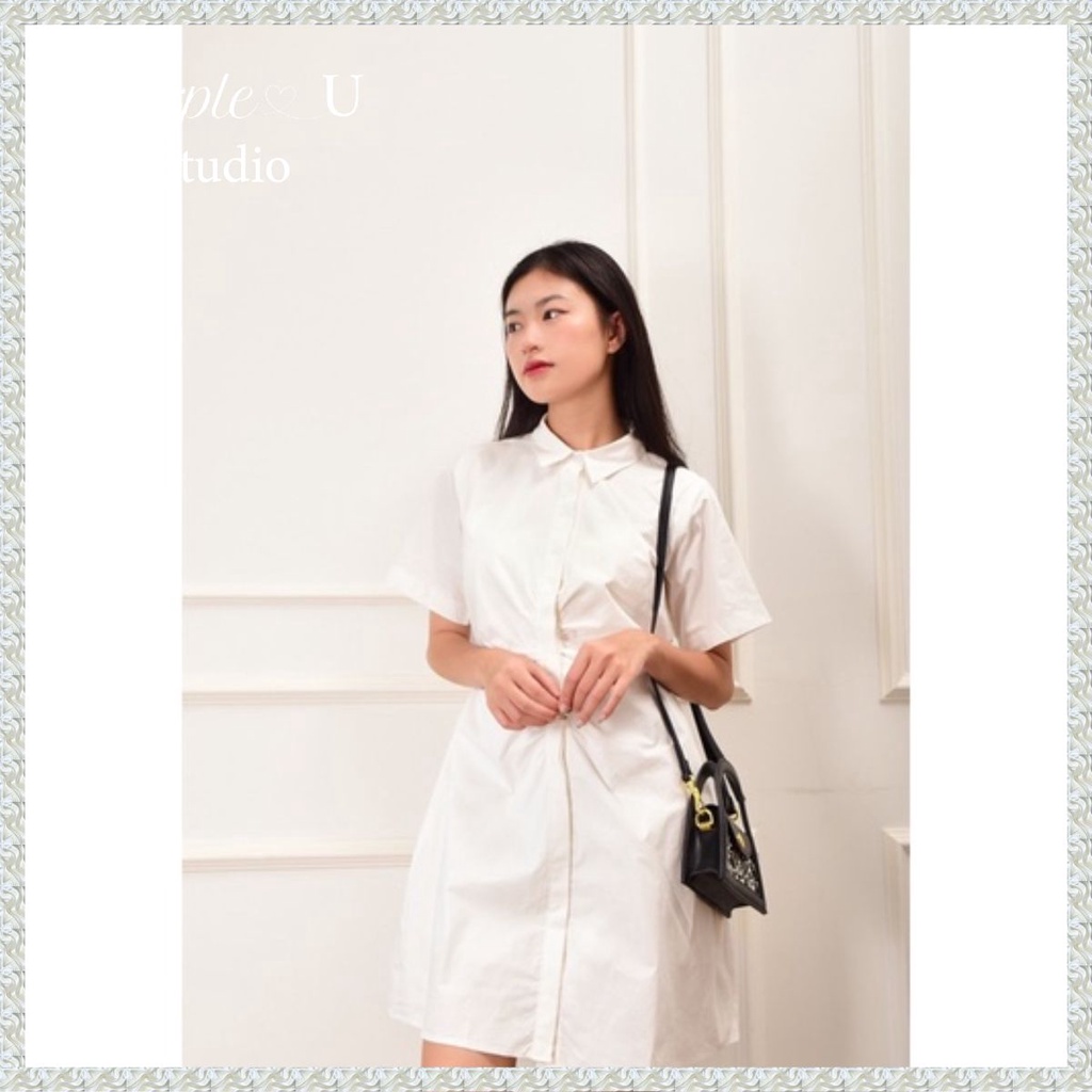 Đầm sơ mi nhún eo chất cotton thô thoáng mát dáng váy trắng xòe thanh lịch - Purple U Studio