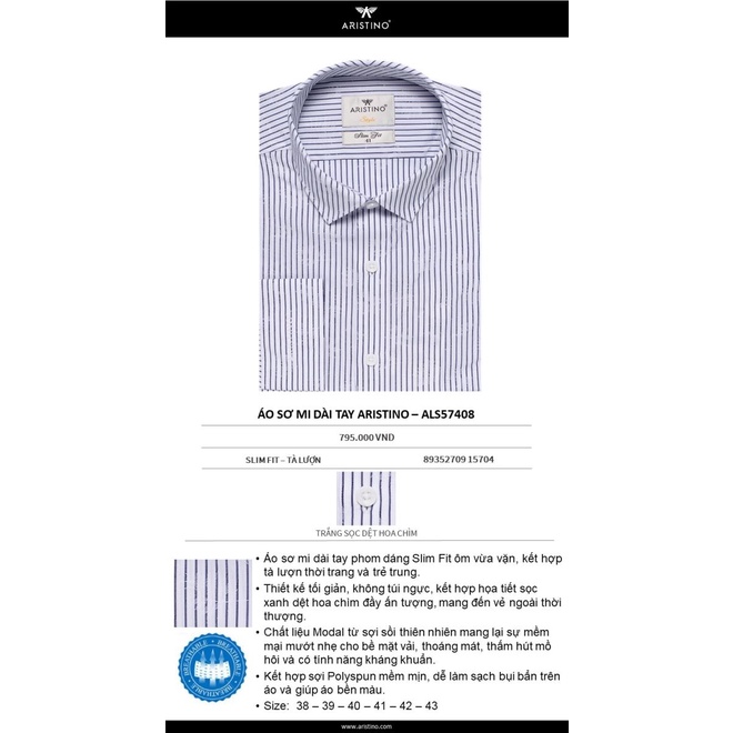 Áo sơ mi dài tay Aristino from ôm tà lượn không túi  ALS57408