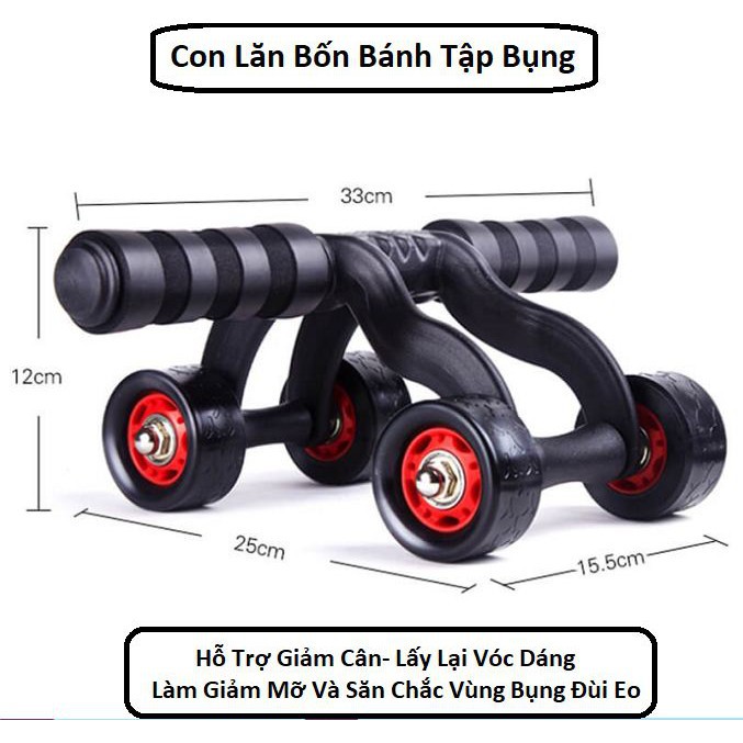 Con Lăn 4 Bánh Tập Bụng, Hỗ Trợ Giảm Cân, Lấy Lại Vóc Dáng, Tặng Miếng Đệm Lót Đầu Gối