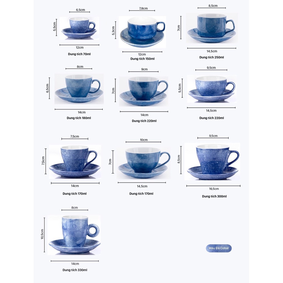 Bộ tách đĩa coffee vân đá Capuccino, Espresso, Latte nhiều màu, nhiều dung tích - Gốm Bát Tràng