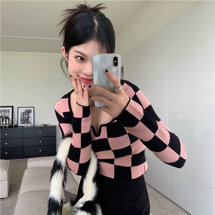 Áo croptop Tay Dài Kẻ Sọc Caro Phong Cách Hàn Quốc