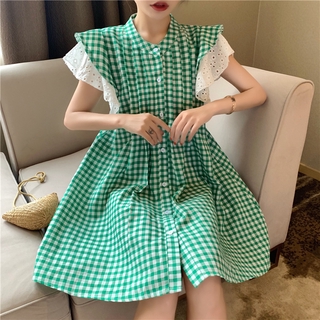 Đầm Sơ Mi Dáng Rộng Phối Ren Kẻ Caro Thời Trang Mùa Hè Cho Nữ