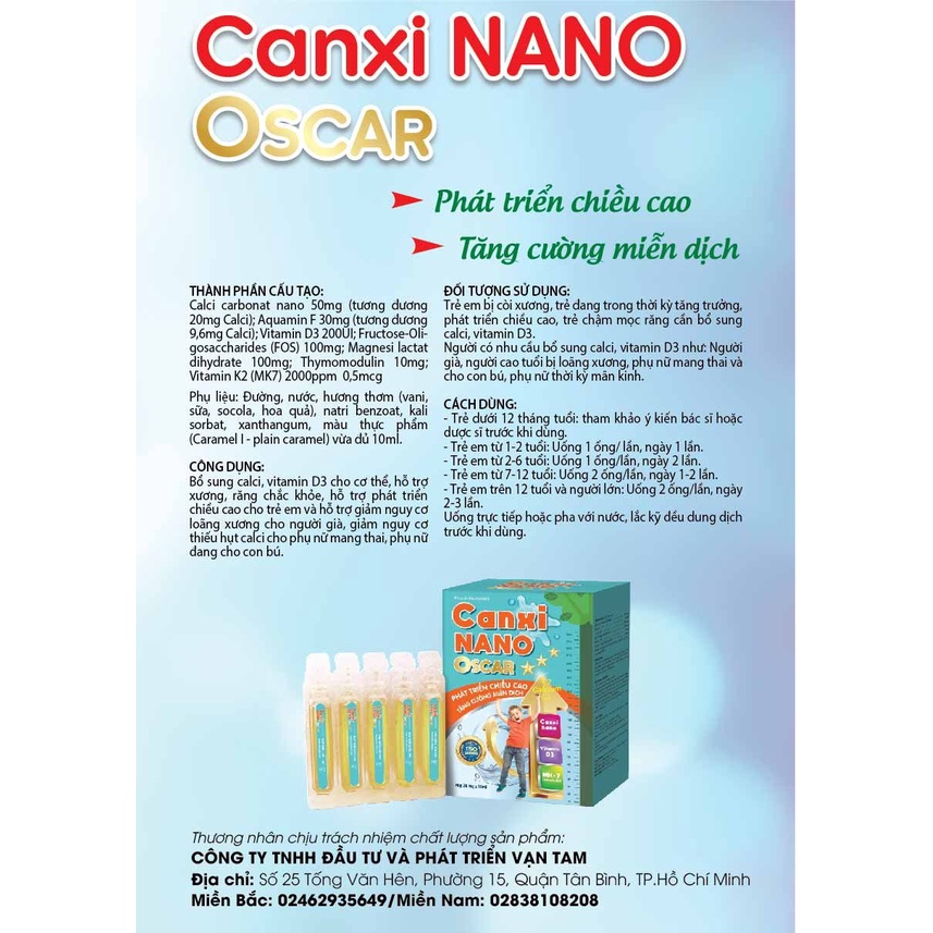 CANXI NANO OSCAR DƯỢC VẠN TAM  hộp 20 ốngx10ml giúp Bổ sung canxi, vitamin D3 cho cơ thể, hỗ trợ xương, răng chắc khỏe.