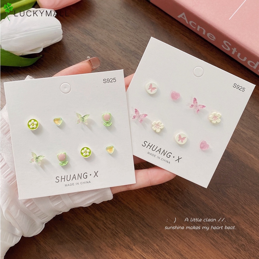 Bông Tai Hình Hoa / Bướm / Trái Tim Bằng Nhựa Resin S925 Đơn Giản Dành Cho Nữ