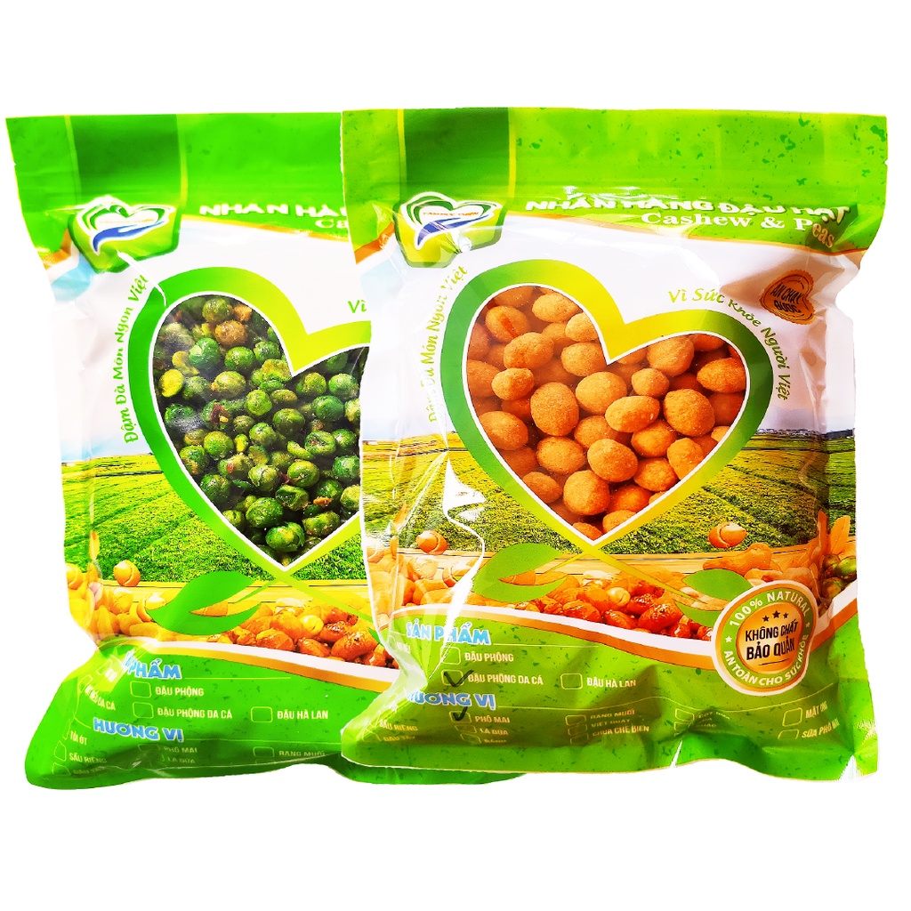 Combo 1KG đậu 2 vị: đậu phộng da cá phô mai và hà lan rang tỏi ớt Tâm Đức Thiện 2 Túi x 500GR