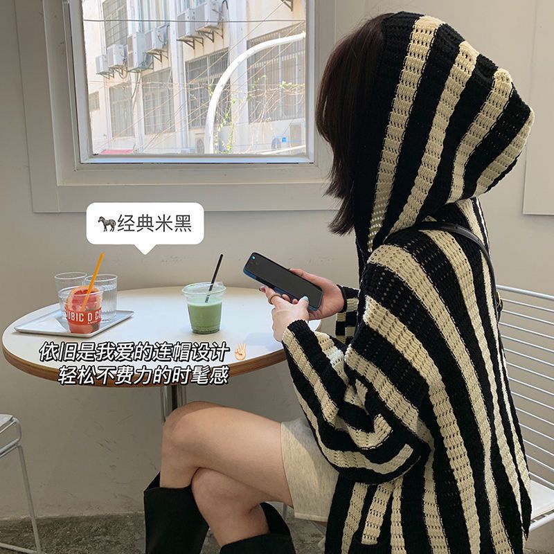 Áo Khoác Cardigan Có Nón Họa Tiết Kẻ Sọc Chất Liệu Dệt Kim Cao Cấp Thời Trang Mùa Xuân Thu Cho Nữ